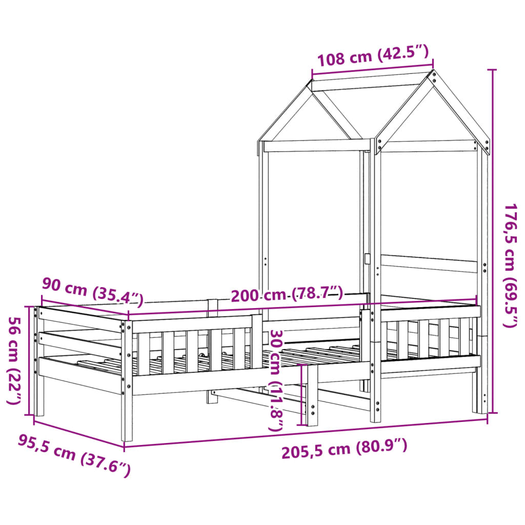 vidaXL Giroletto con Tetto Bianco 90x200 cm in Legno di Pino