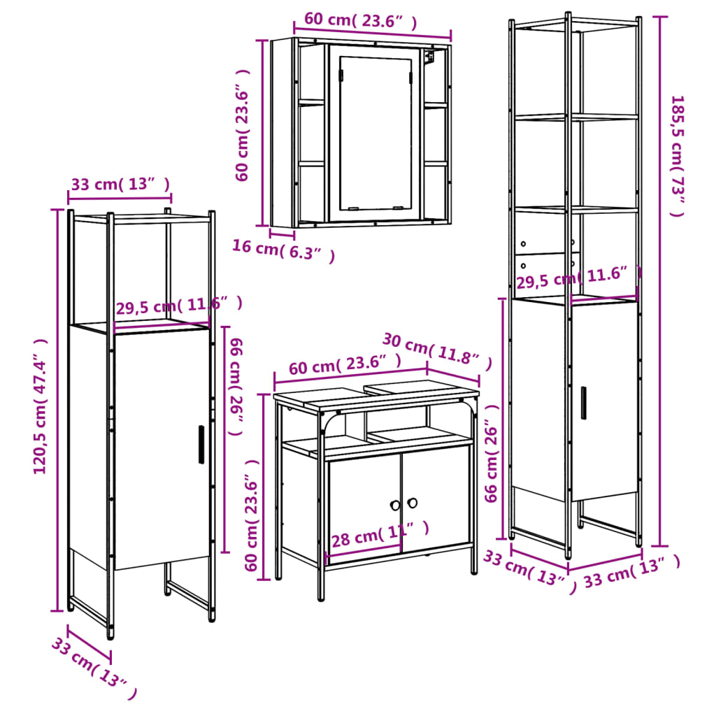 vidaXL Set Mobili da Bagno 4 pz Grigio Sonoma in Legno Multistrato