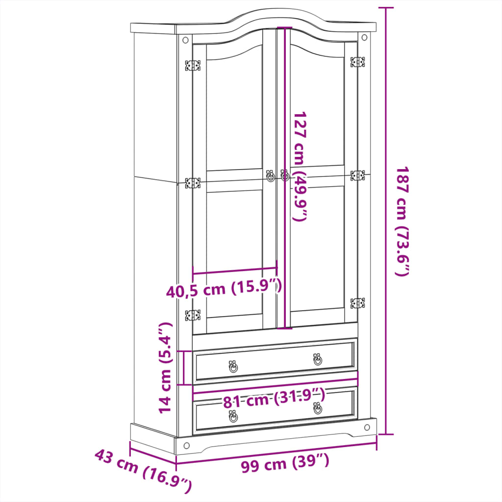 vidaXL Vetrina Corona 99x43x187 cm in Legno Massello di Pino