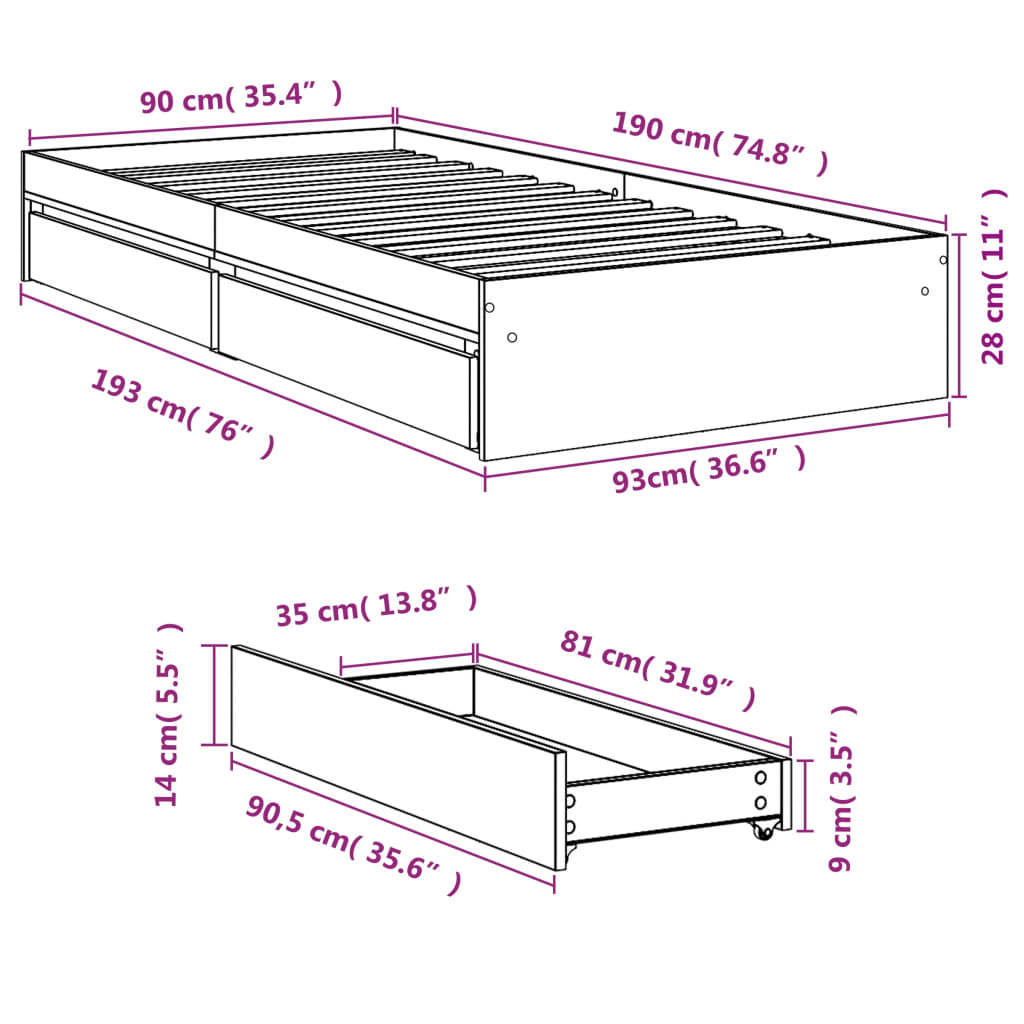 vidaXL Giroletto con Cassetti Rovere Fumo 90x190 cm Legno Multistrato