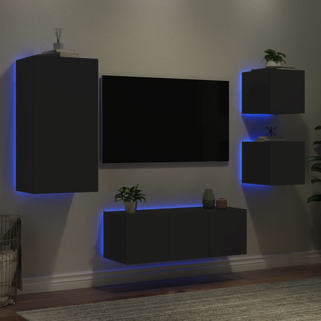 vidaXL Mobili TV a Muro con LED 5pz Neri in Legno Multistrato