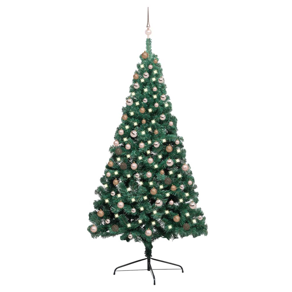 vidaXL Albero di Natale a Metà Preilluminato con Palline Verde 210 cm