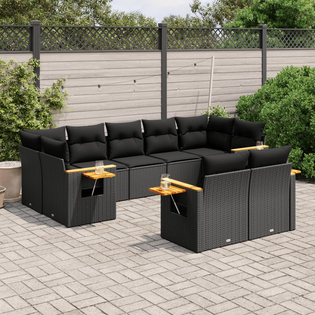 vidaXL Set Divani da Giardino 9 pz con Cuscini Nero in Polyrattan