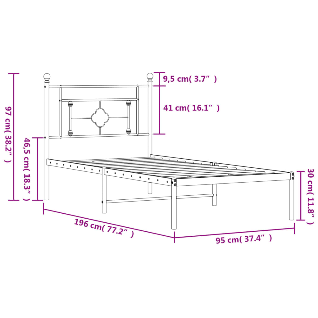 vidaXL Giroletto con Testiera in Metallo Nero 90x190 cm