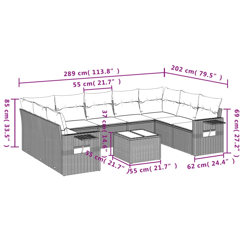 vidaXL Set Divani da Giardino 10pz con Cuscini in Polyrattan Nero