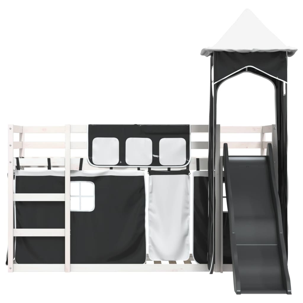 vidaXL Letto a Castello con Scivolo e Tende Bianco e Nero 90x200 cm