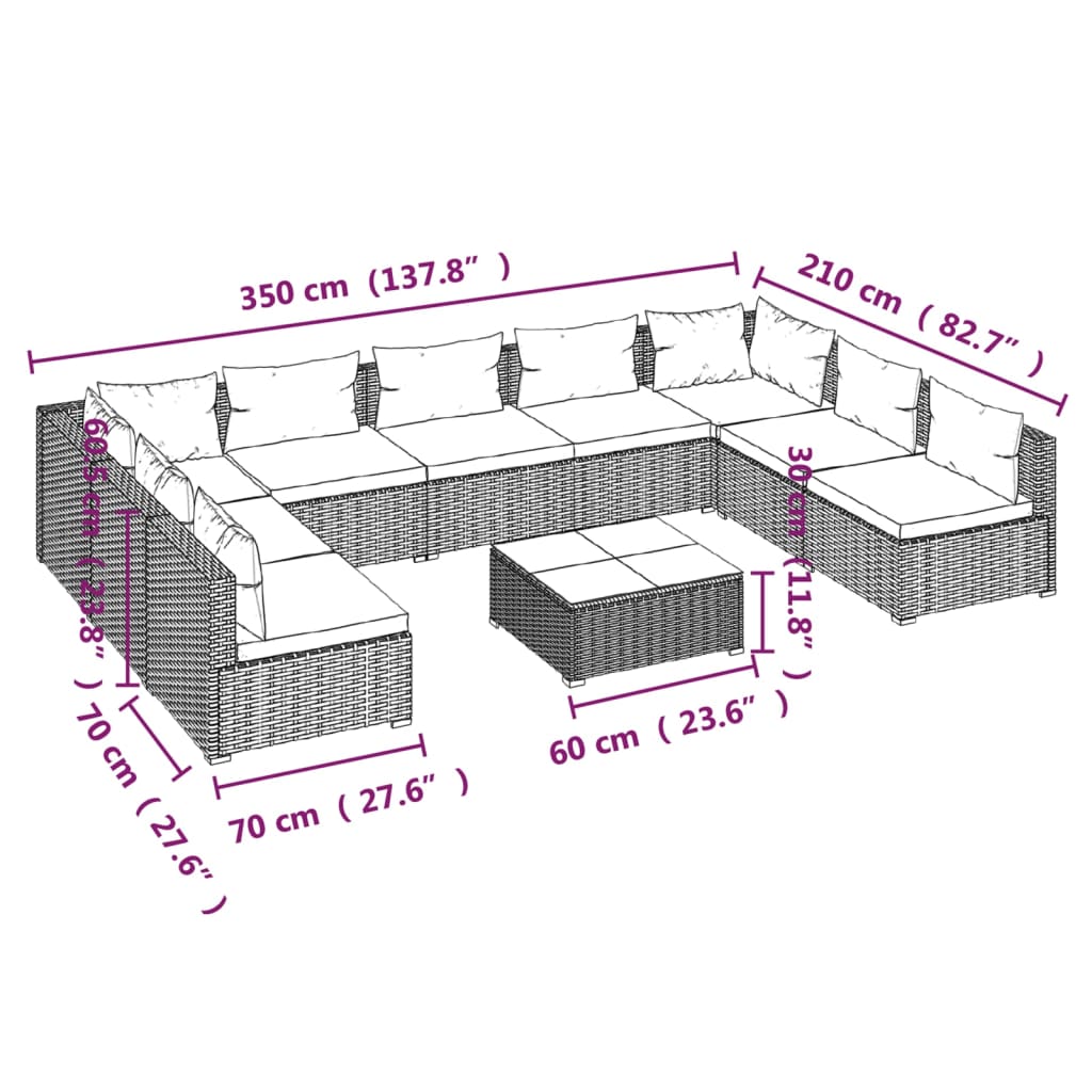 vidaXL Set Divani da Giardino 10 pz con Cuscini in Polyrattan Nero