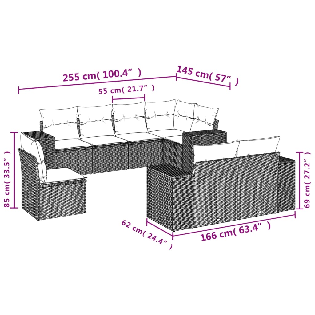 vidaXL Set Divani da Giardino con Cuscini 8 pz Nero in Polyrattan