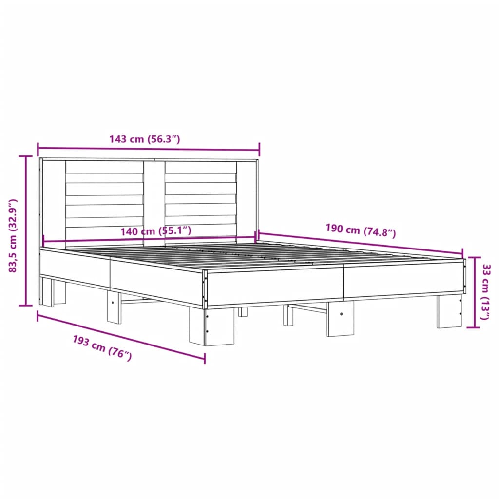 vidaXL Giroletto Grigio Sonoma 140x190 cm in Legno Multistrato Metallo