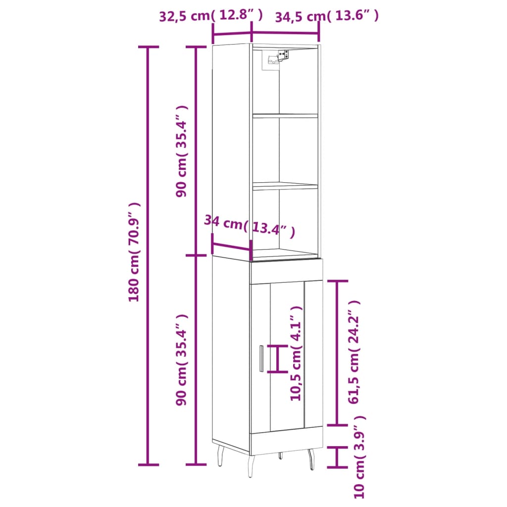 vidaXL Credenza Grigio Sonoma 34,5x34x180 cm in Legno Multistrato