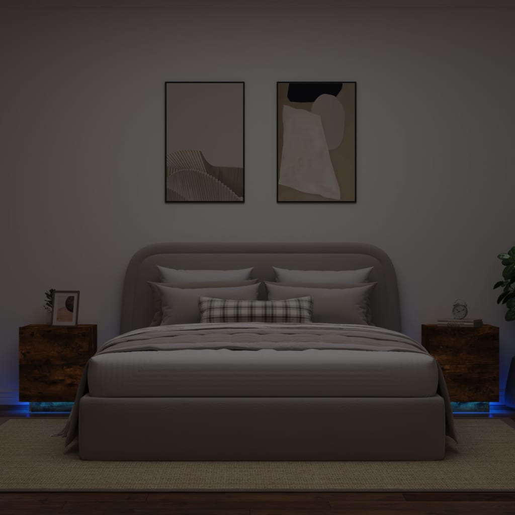 vidaXL Comodini con Luci LED 2pz Rovere Fumo in Legno Multistrato