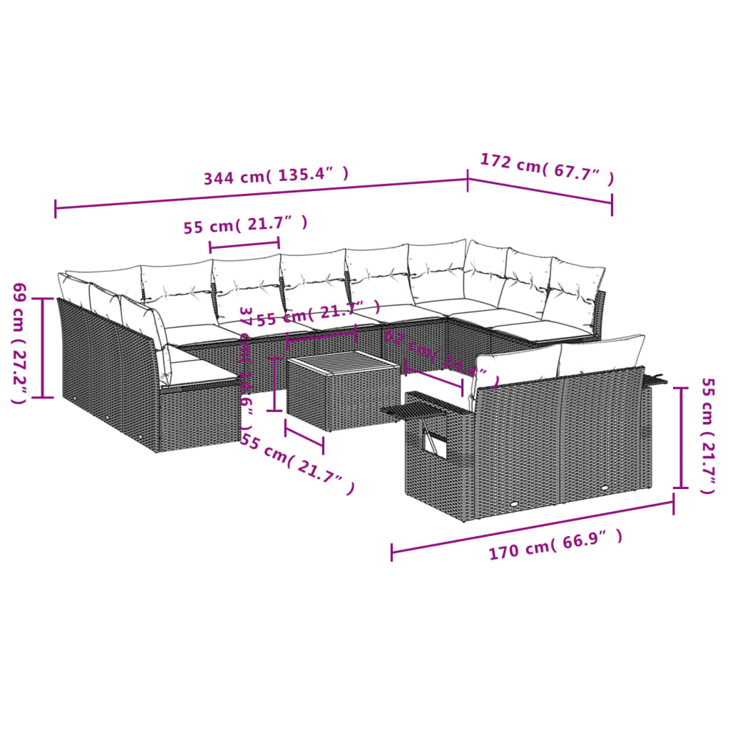 vidaXL Set Divani da Giardino 13 pz con Cuscini Grigio in Polyrattan