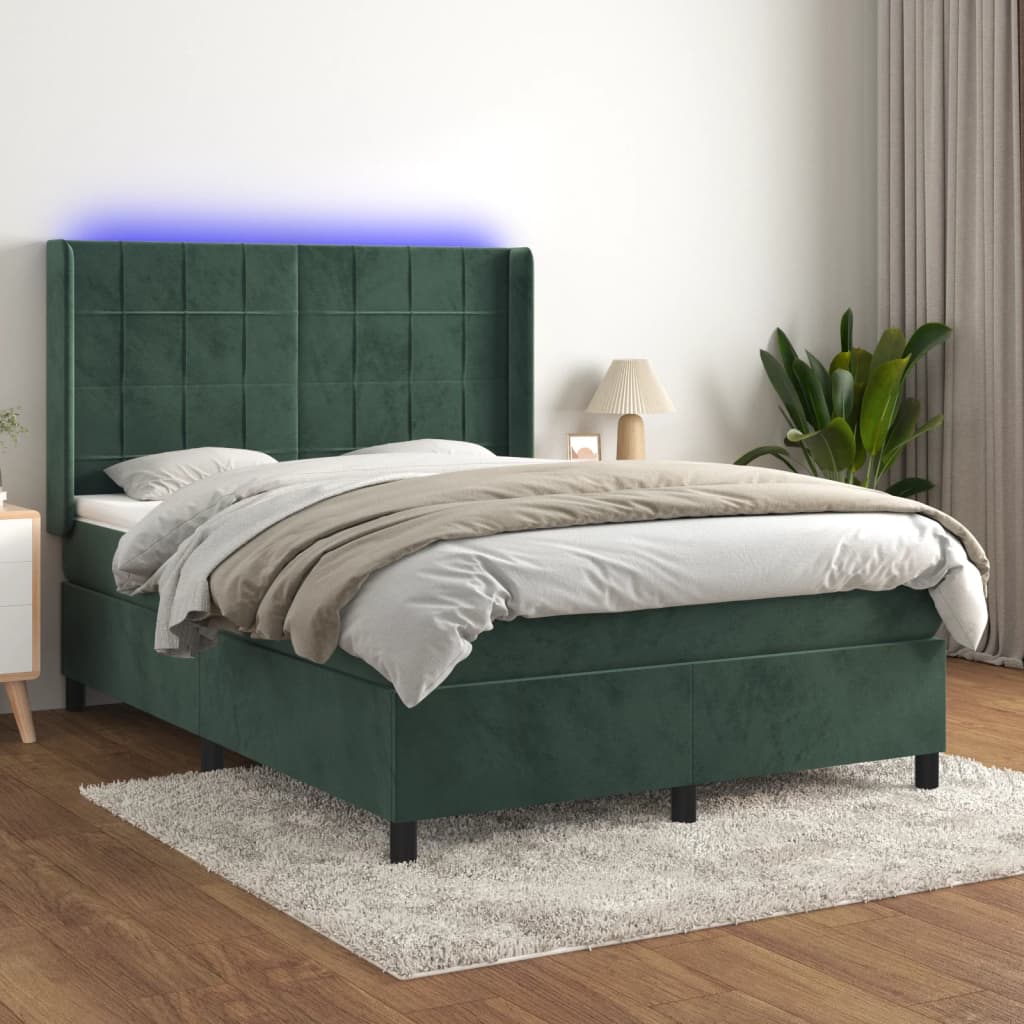 vidaXL Letto a Molle con Materasso e LED Verde Scuro 140x190cm Velluto