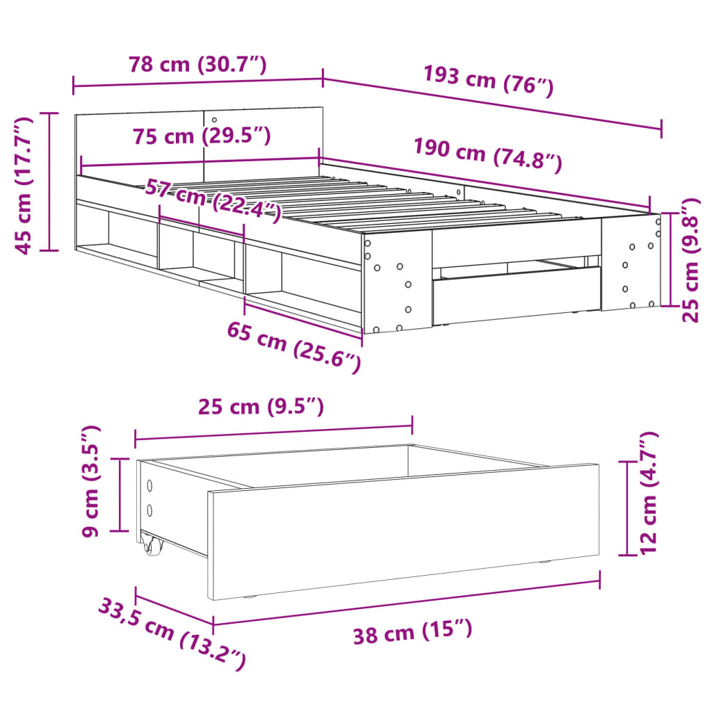 vidaXL Giroletto Cassetto Rovere Sonoma 75x190 cm Legno Multistrato