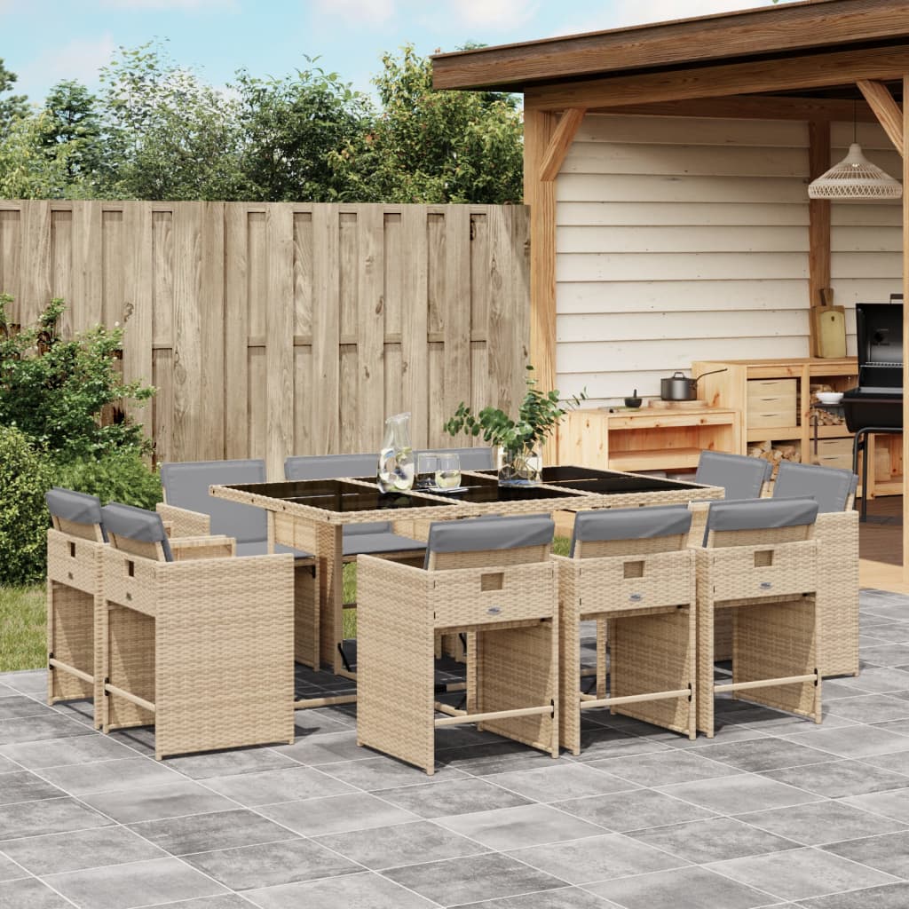 vidaXL Set Pranzo da Giardino 11 pz con Cuscini Beige Misto Polyrattan