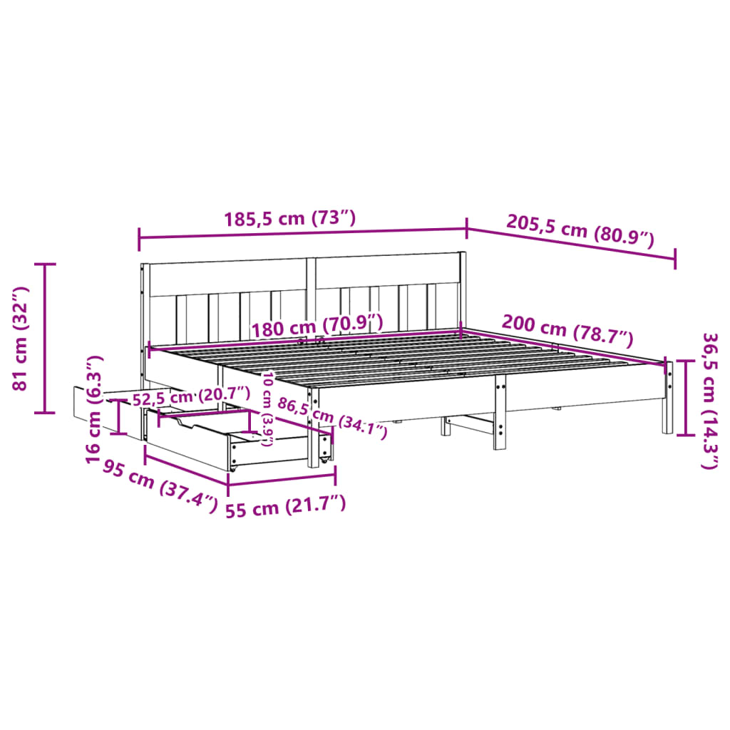 vidaXL Letto senza Materasso Bianco 180x200 cm Legno Massello di Pino