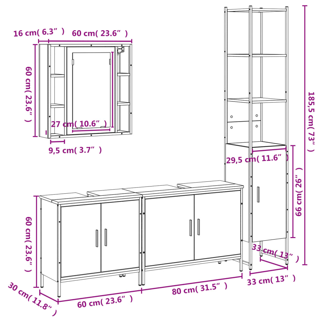 vidaXL Set Mobili da Bagno 4 pz Grigio Sonoma in Legno Multistrato