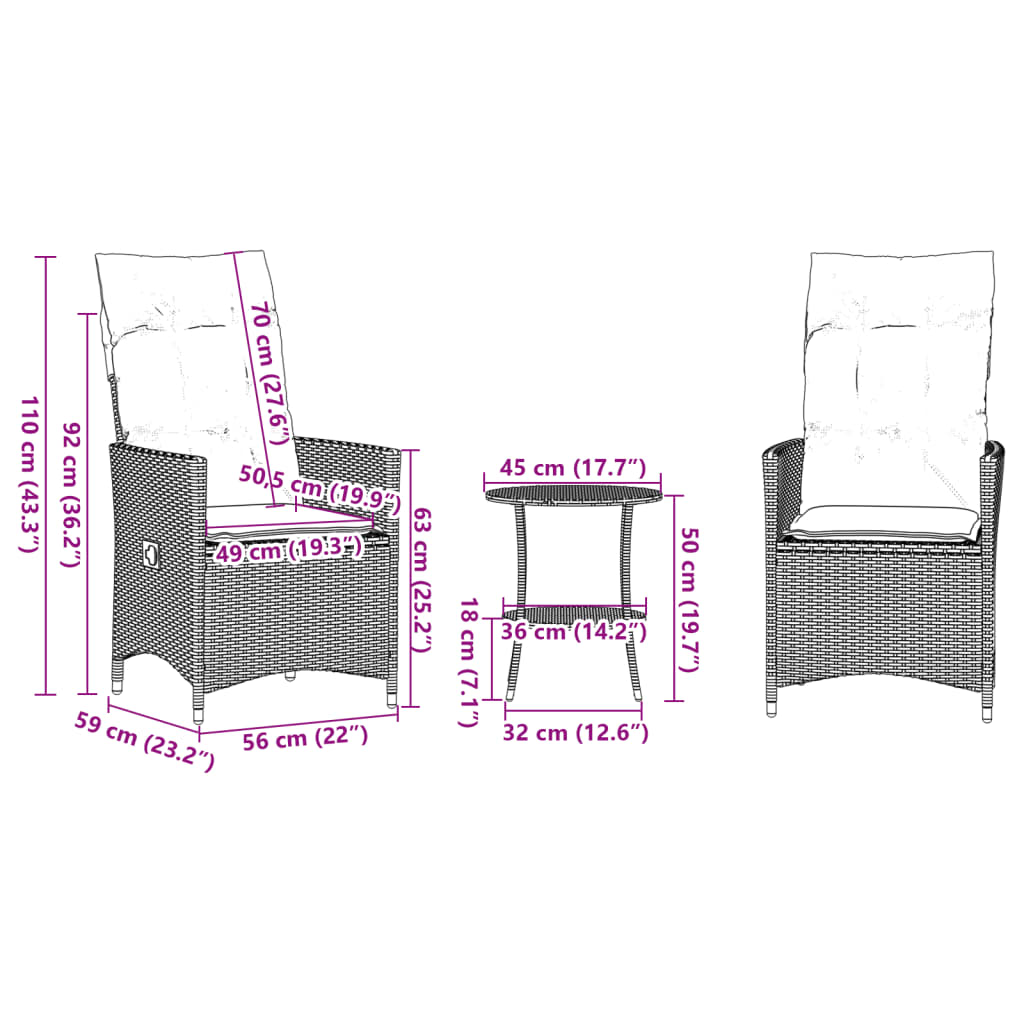 vidaXL Set da Bistrò 3 pz con Cuscini Beige in Polyrattan