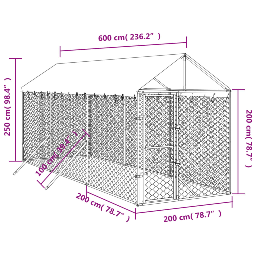 vidaXL Cuccia Cani da Esterno Tetto Argento 2x6x2,5 m Acciaio Zincato