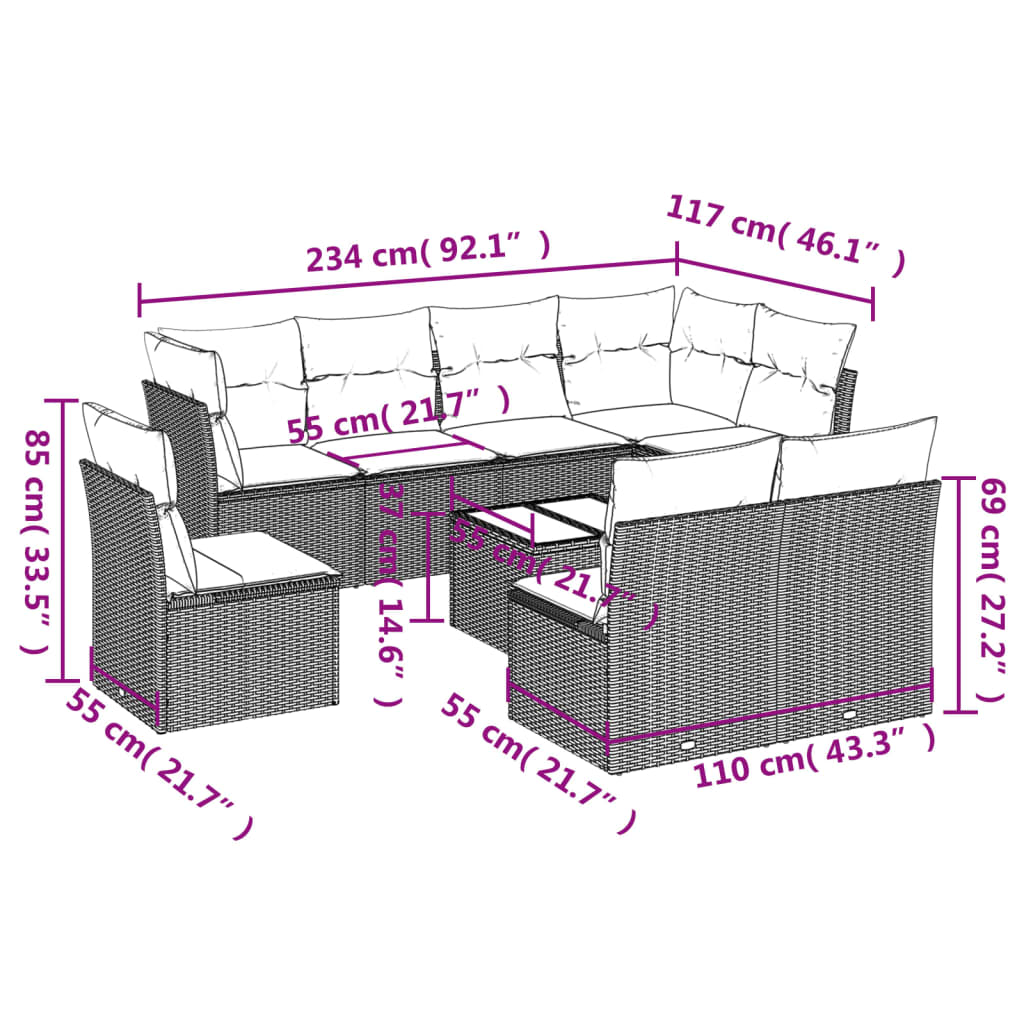 vidaXL Set Divani da Giardino 9 pz con Cuscini Nero in Polyrattan