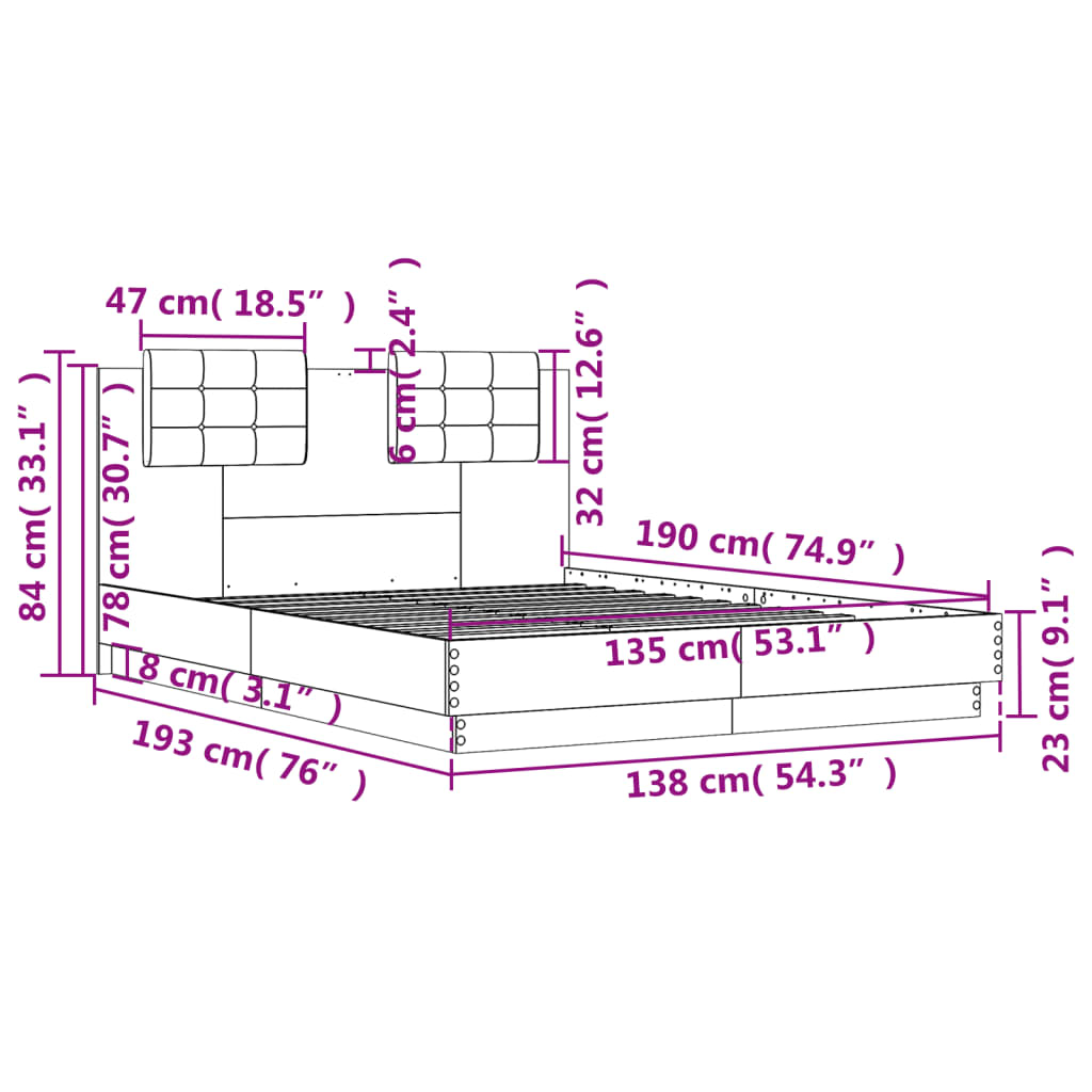 vidaXL Giroletto Testiera Grigio Sonoma 135x190 cm Legno Multistrato