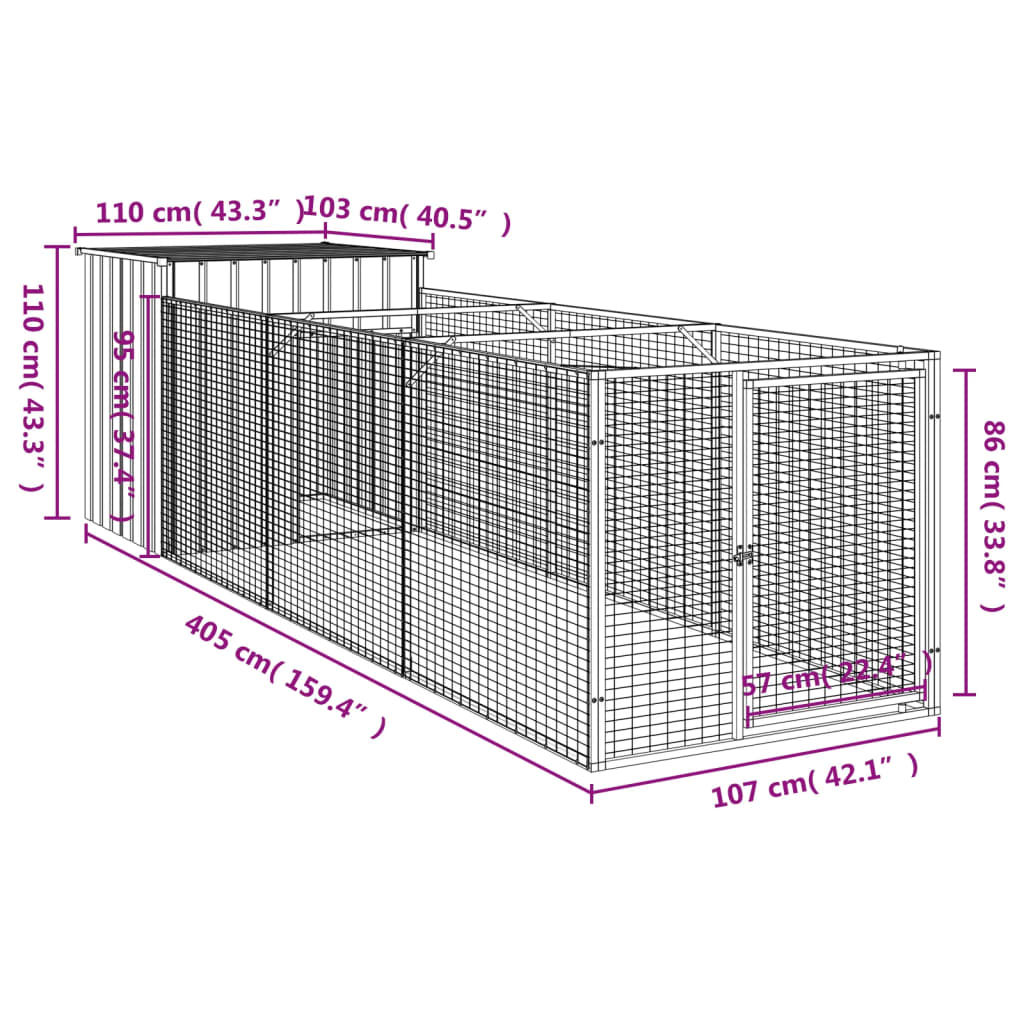 vidaXL Casetta Cani con Corsa Antracite 110x405x110 cm Acciaio Zincato