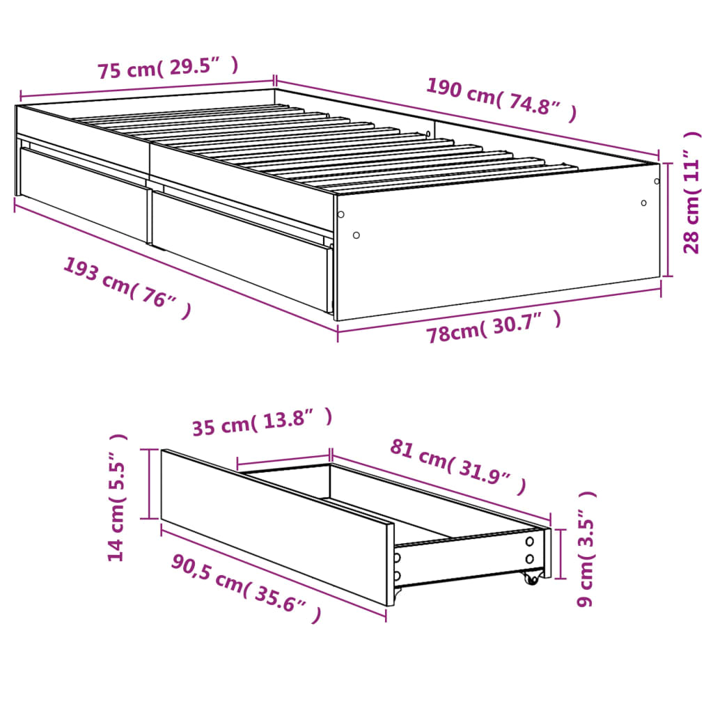 vidaXL Giroletto con Cassetti Bianco 75x190 cm in Legno Multistrato