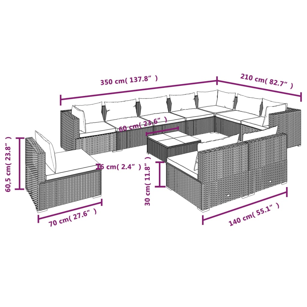 vidaXL Set Divani da Giardino 11 pz con Cuscini in Polyrattan Grigio