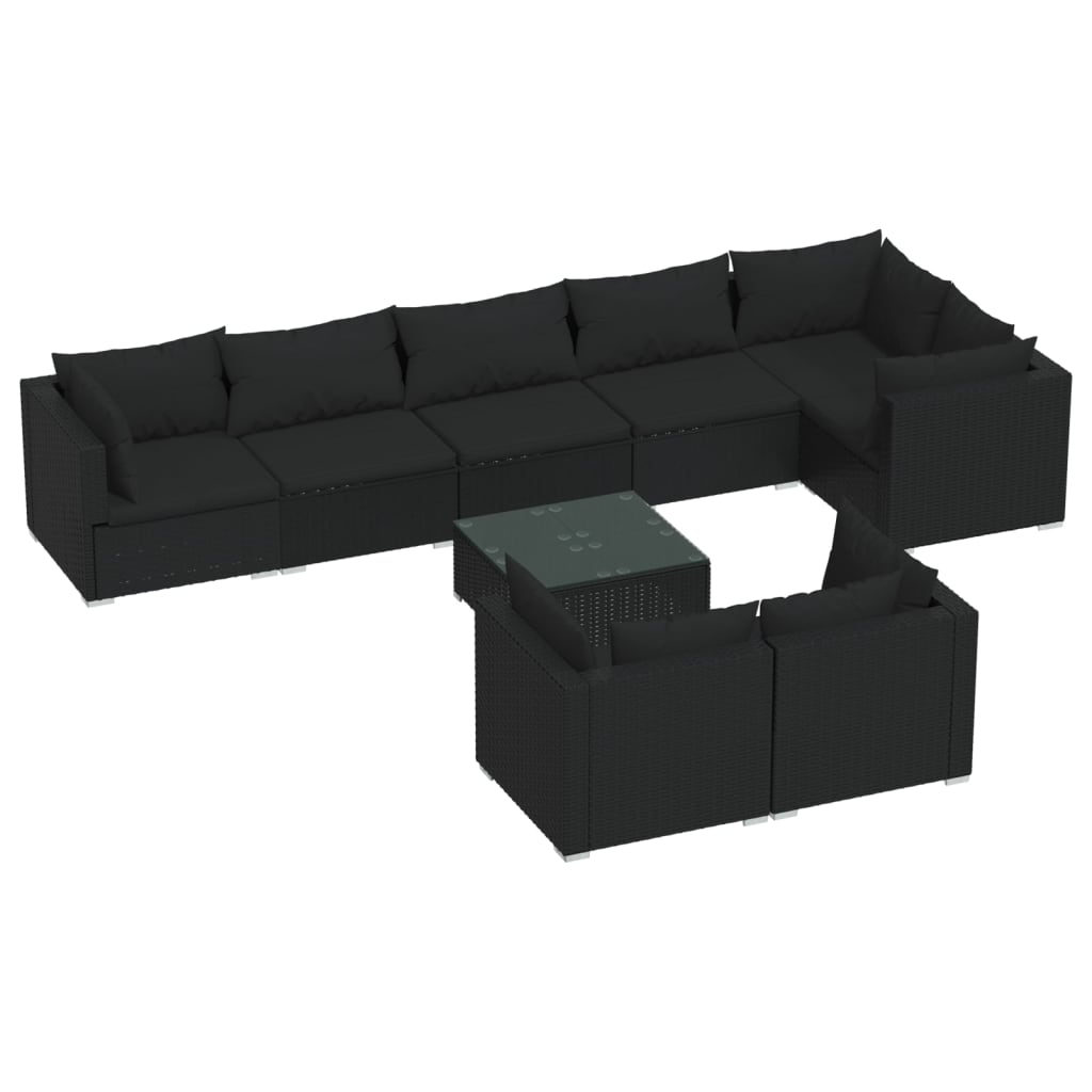 vidaXL Set Salotto da Giardino con Cuscini 9pz Nero in Polyrattan