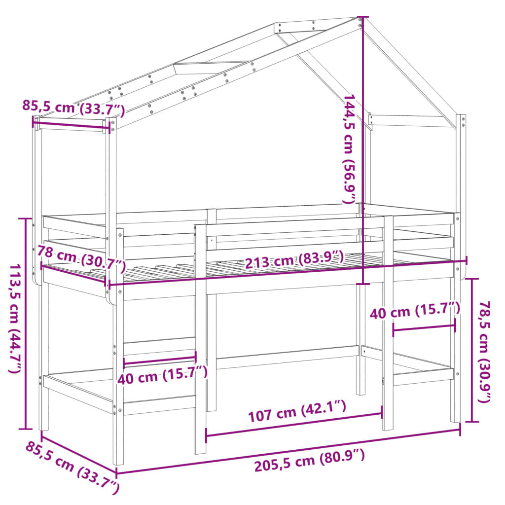 vidaXL Letto Soppalco con Scala e Tetto 80x200 cm Legno Massello Pino