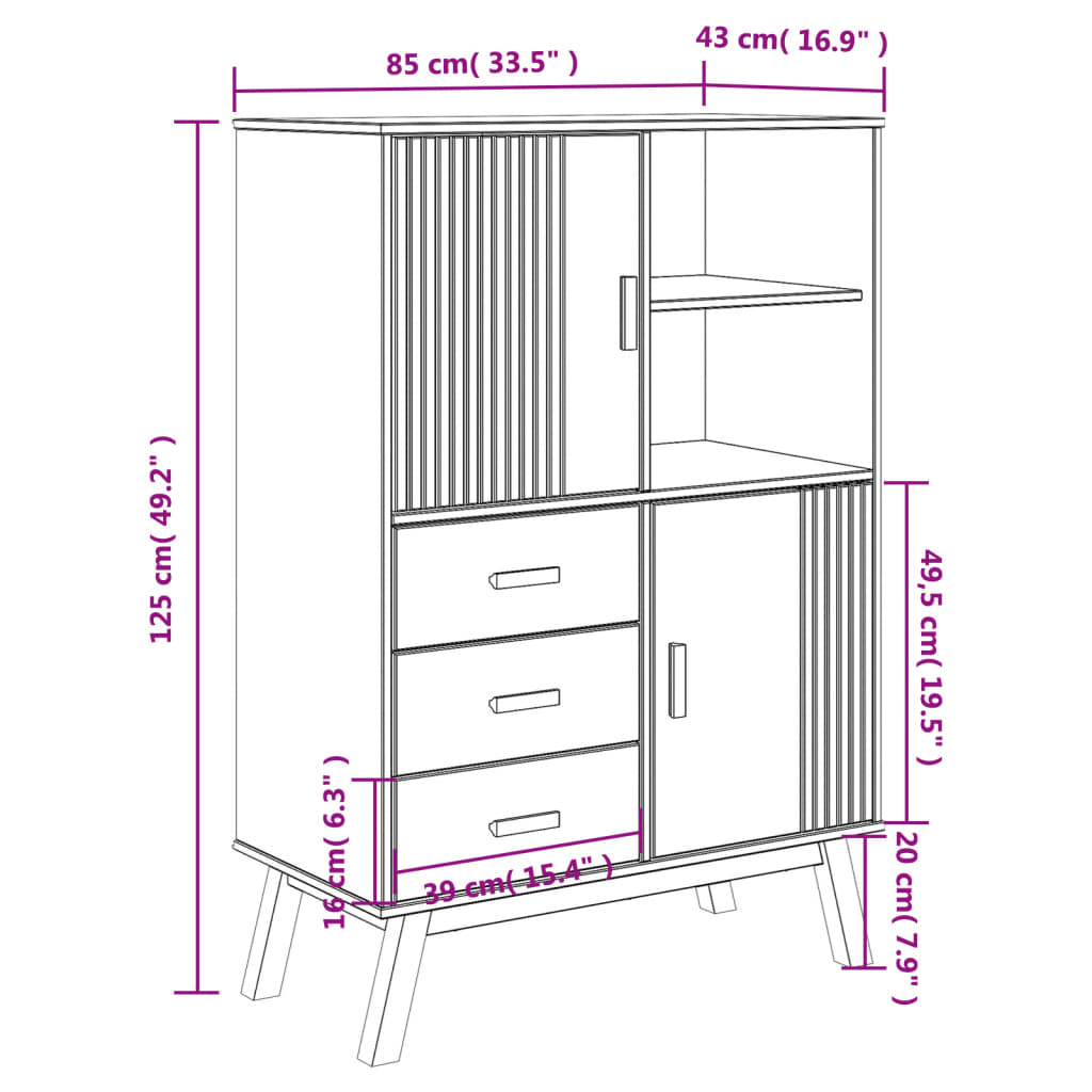 vidaXL Credenza OLDEN Grigia e Marrone 85x43x125cm Legno Massello Pino