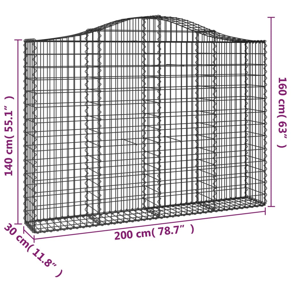 vidaXL Cesti Gabbioni ad Arco 9 pz 200x30x140/160 cm Ferro Zincato