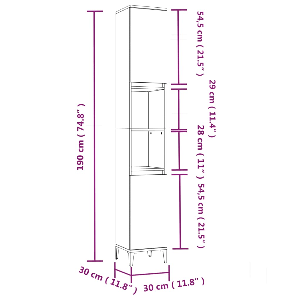 vidaXL Armadietto Bagno Rovere Marrone 30x30x190cm Legno Multistrato