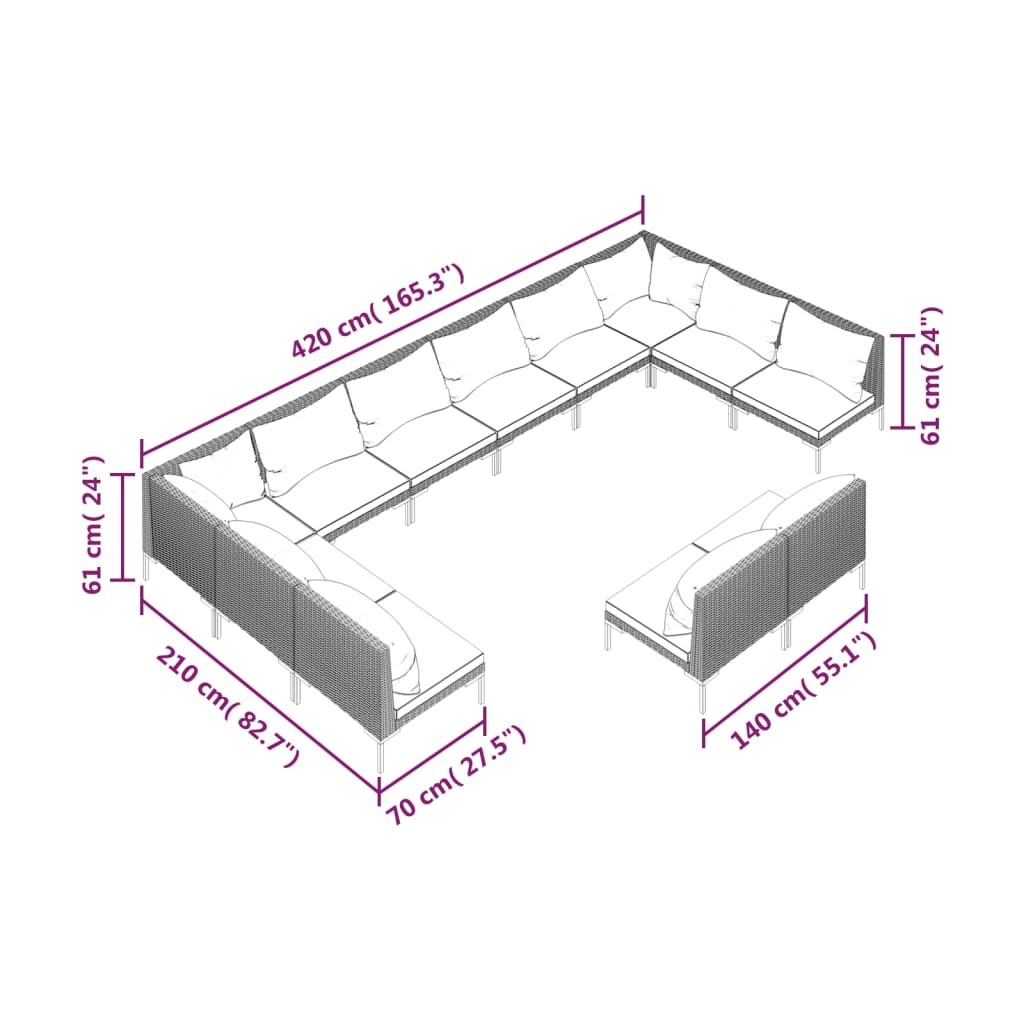 vidaXL Divani da Giardino 12 pz con Cuscini in Polyrattan Grigio Scuro