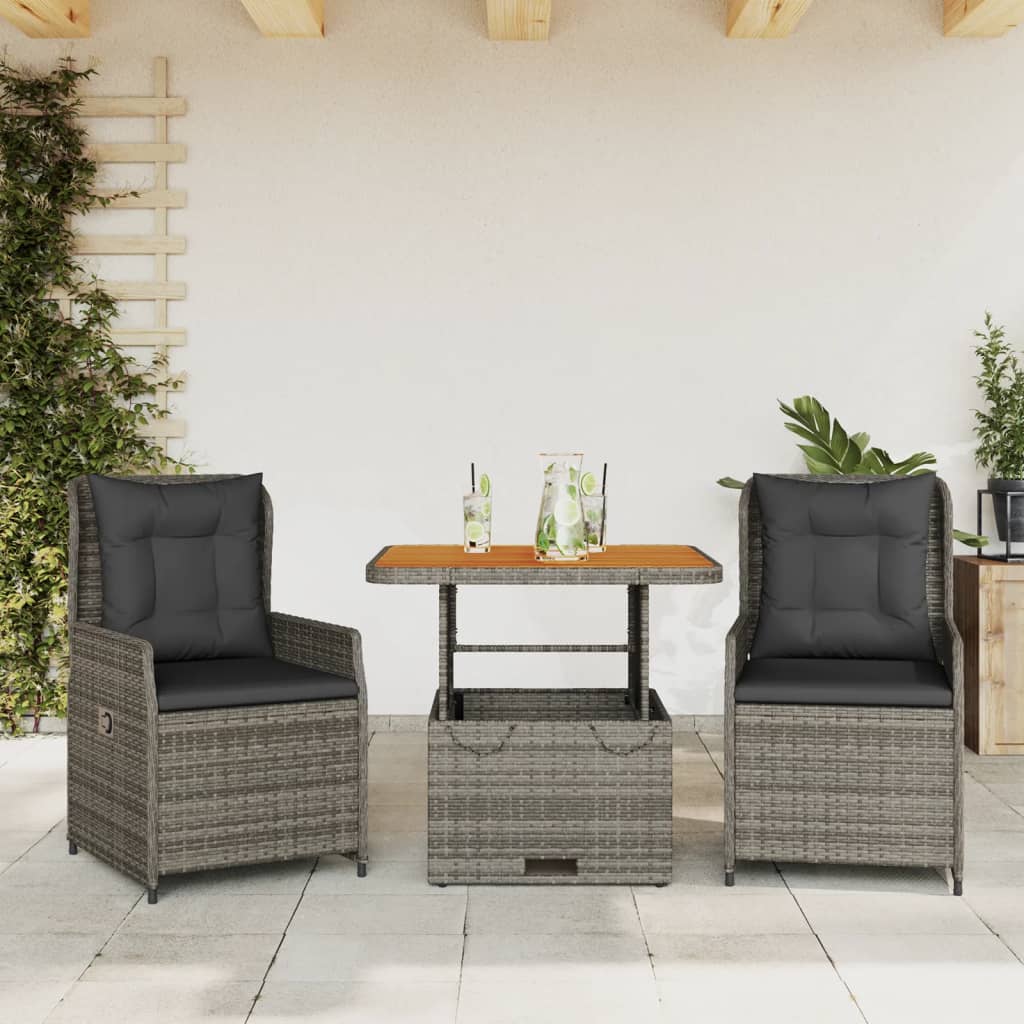 vidaXL Set da Bistrò 3 pz con Cuscini Grigio in Polyrattan