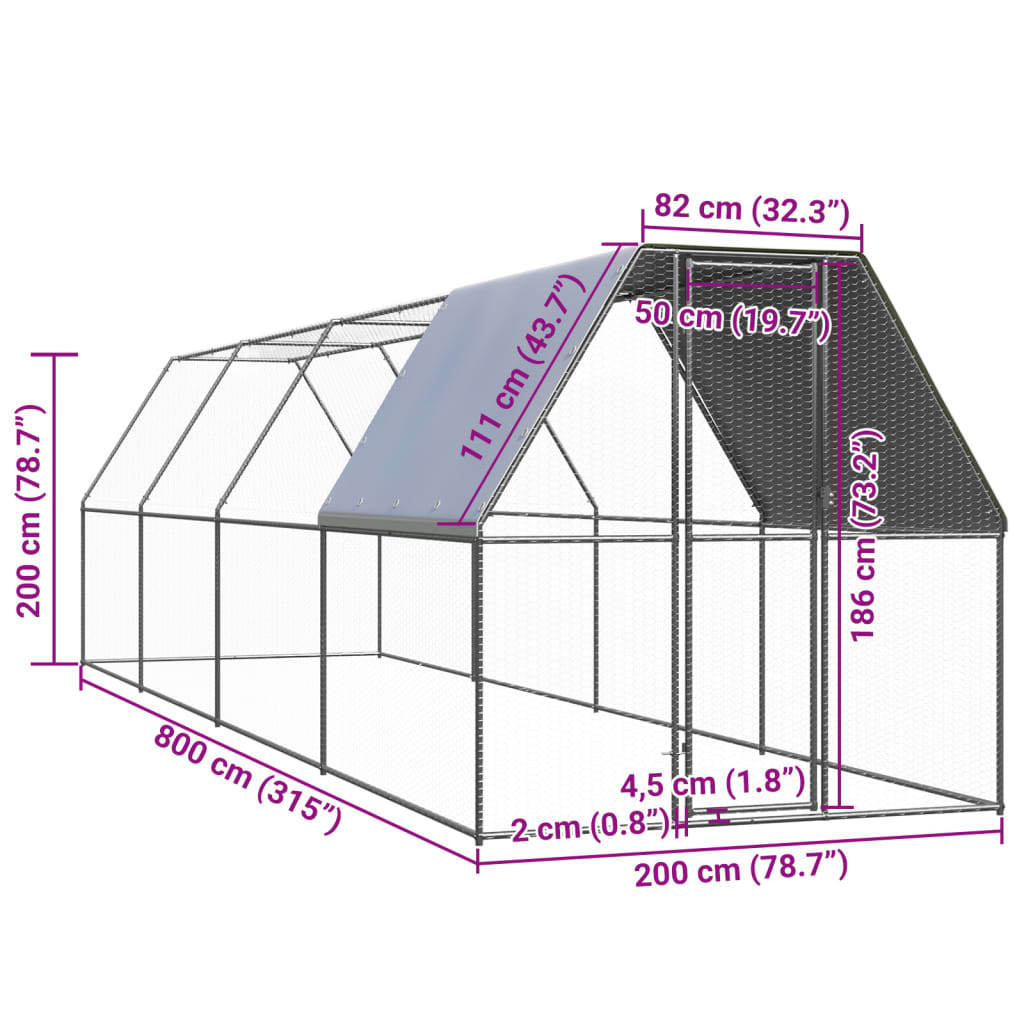 vidaXL Gabbia per Polli 2x8x2 m in Acciaio Zincato