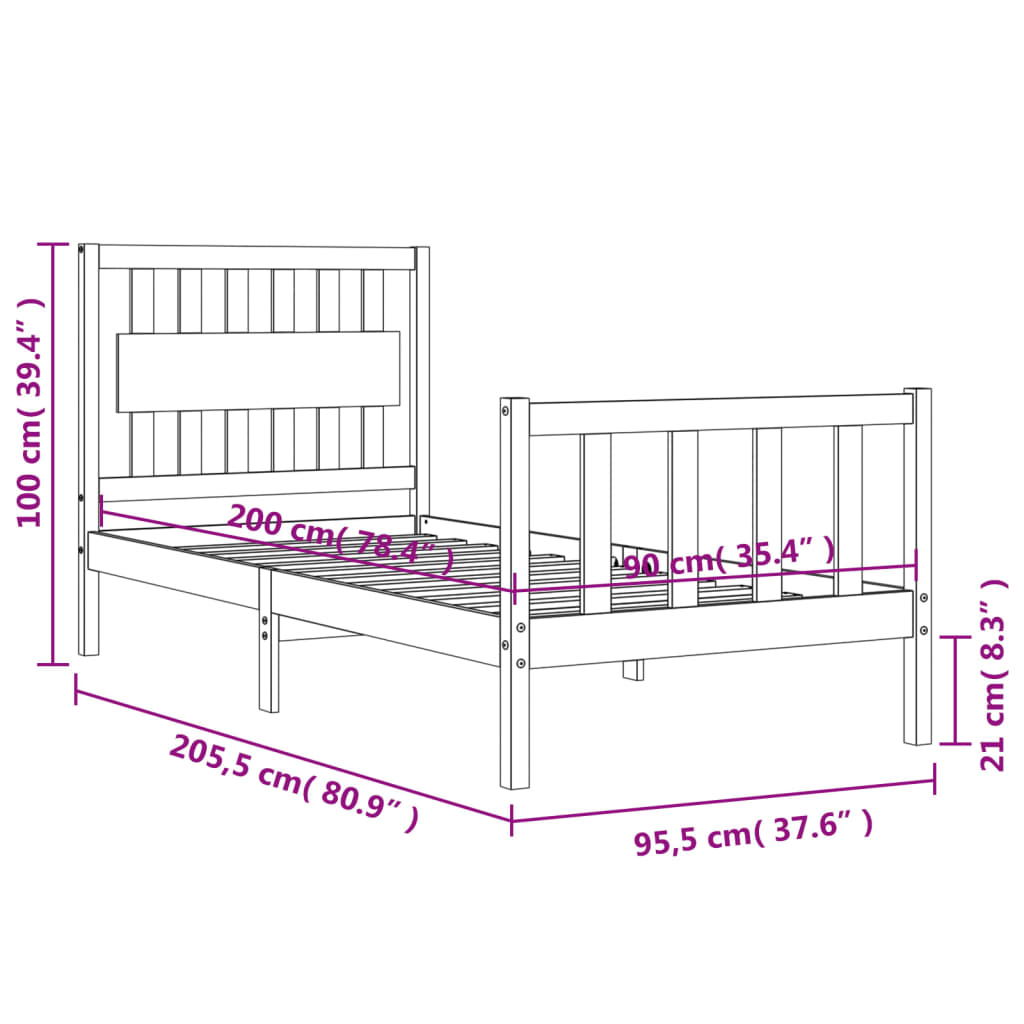 vidaXL Giroletto con Testiera 90x200 cm in Legno Massello