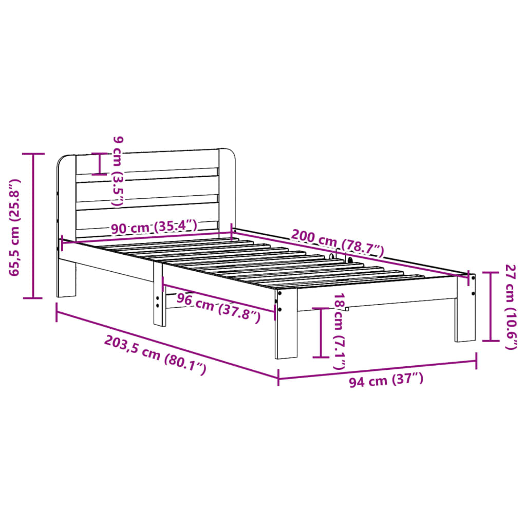 vidaXL Letto senza Materasso Bianco 90x200 cm Legno Massello di Pino