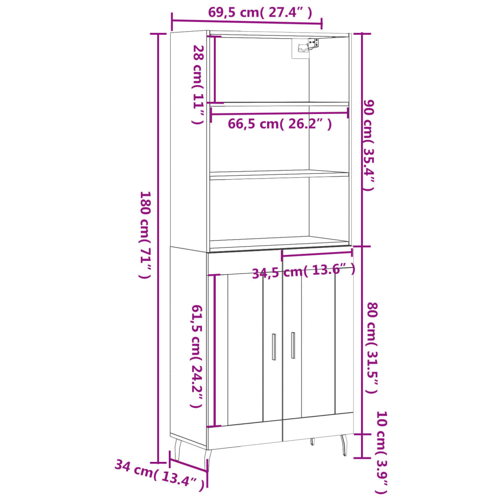 vidaXL Credenza Nera 69,5x34x180 cm in Legno Multistrato