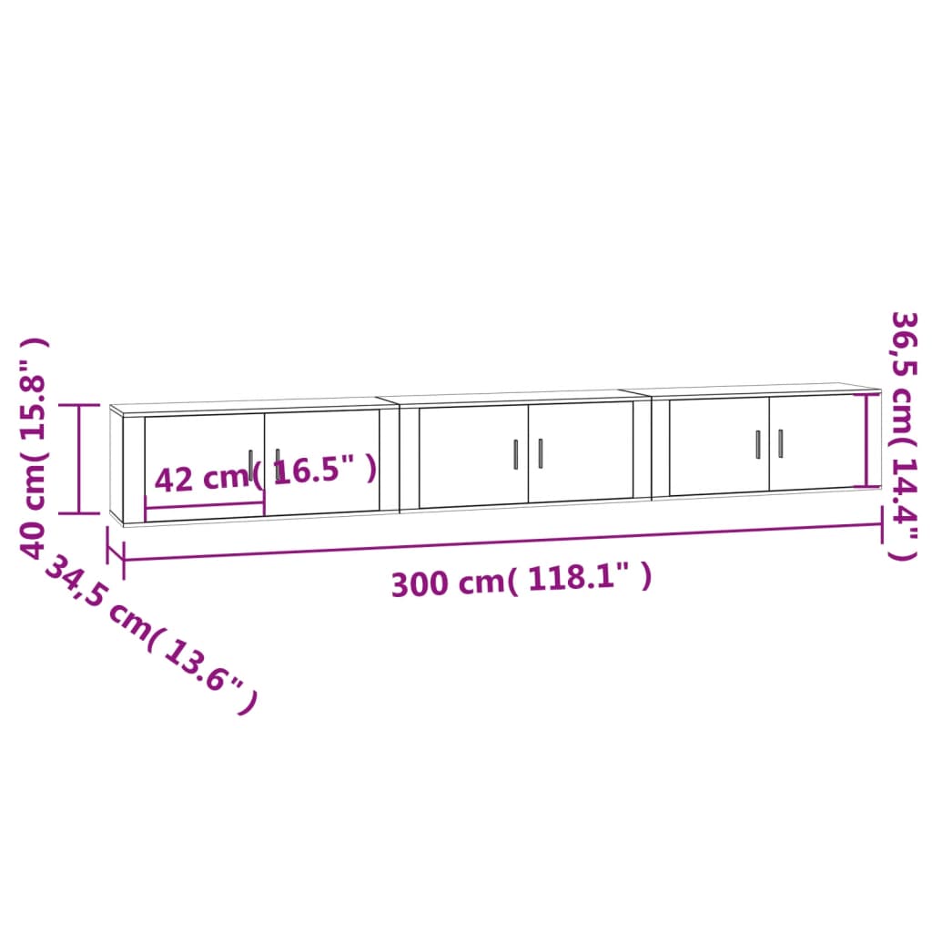 vidaXL Mobili Porta TV a Parete 3 pz Rovere Fumo 100x34,5x40 cm