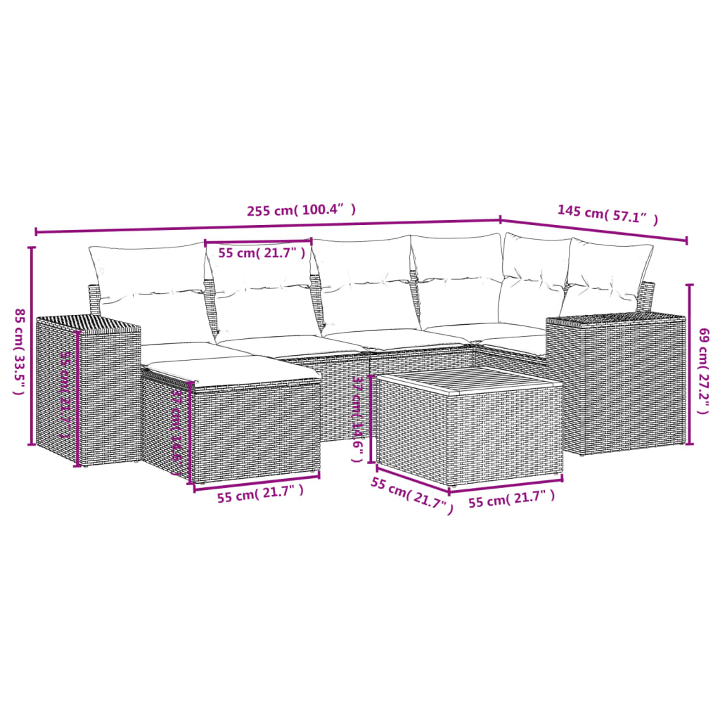 vidaXL Set Divani da Giardino 7 pz con Cuscini Beige in Polyrattan