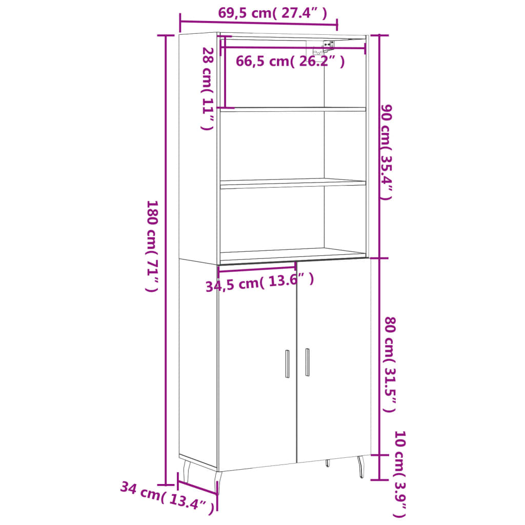 vidaXL Credenza Rovere Fumo 69,5x34x180 cm in Legno Multistrato