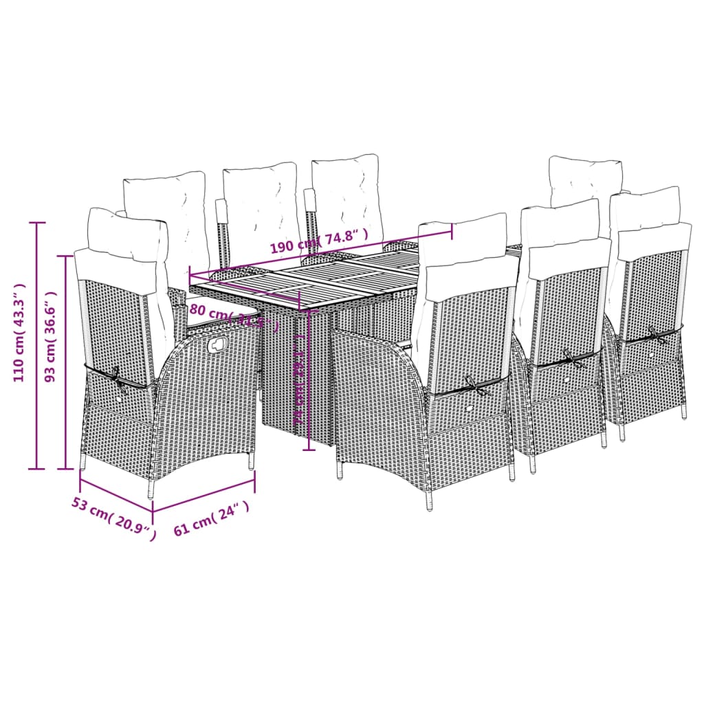 vidaXL Set Pranzo da Giardino 9 pz con Cuscini Beige Misto Polyrattan