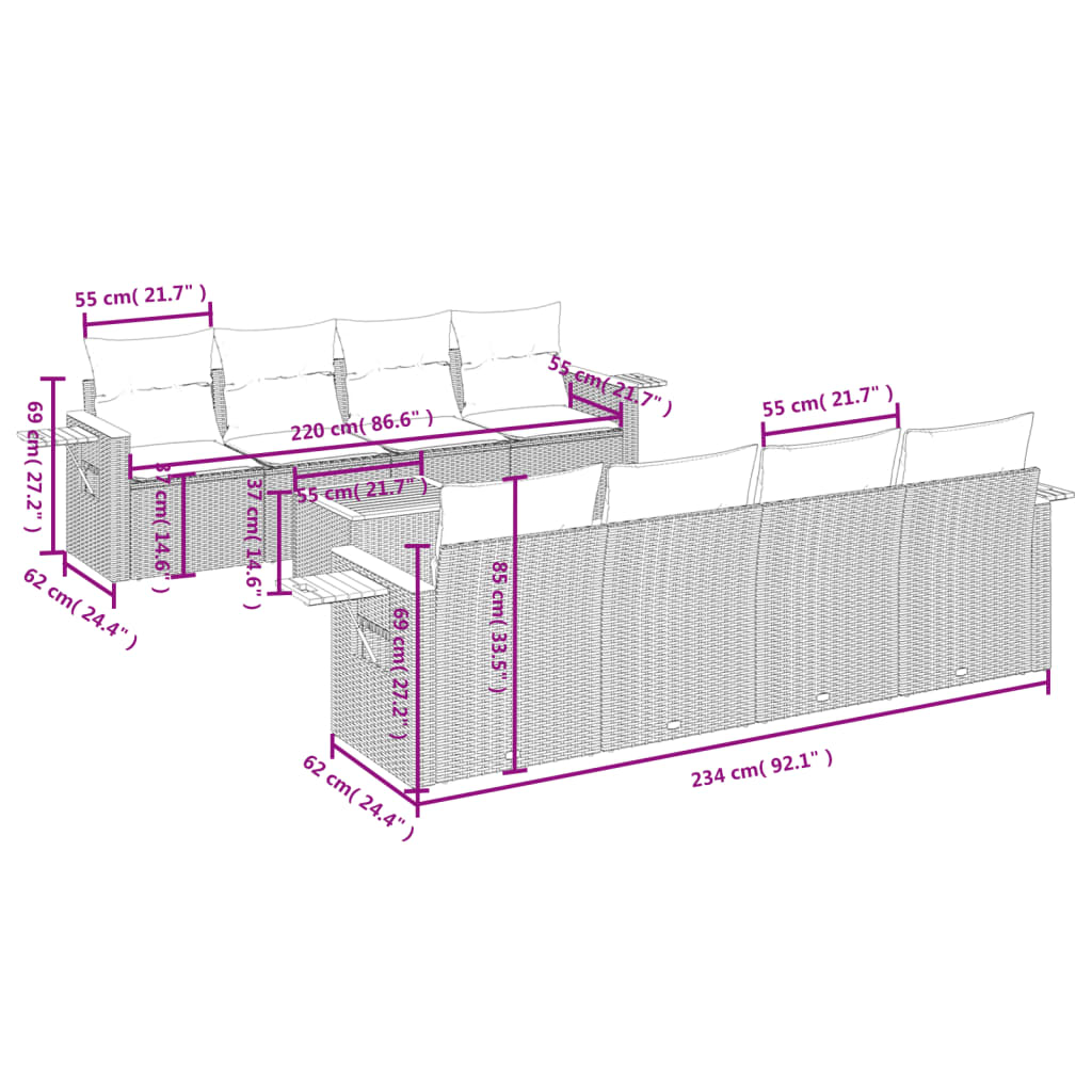 vidaXL Set Divani da Giardino 9 pz con Cuscini Nero in Polyrattan