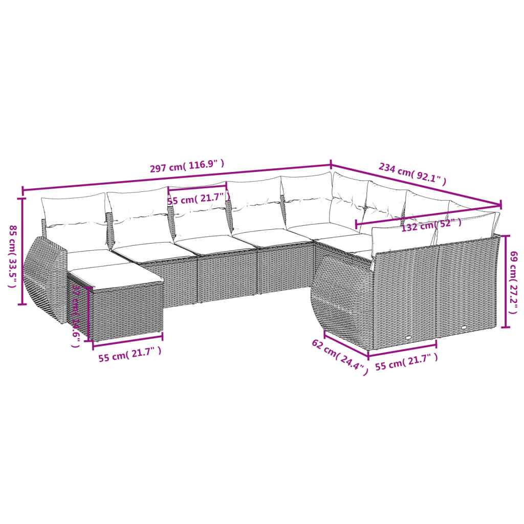 vidaXL Set Divani da Giardino 10pz con Cuscini in Polyrattan Nero