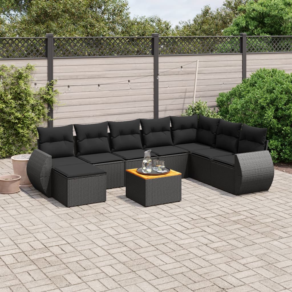 vidaXL Set Divani da Giardino 9 pz con Cuscini Nero in Polyrattan