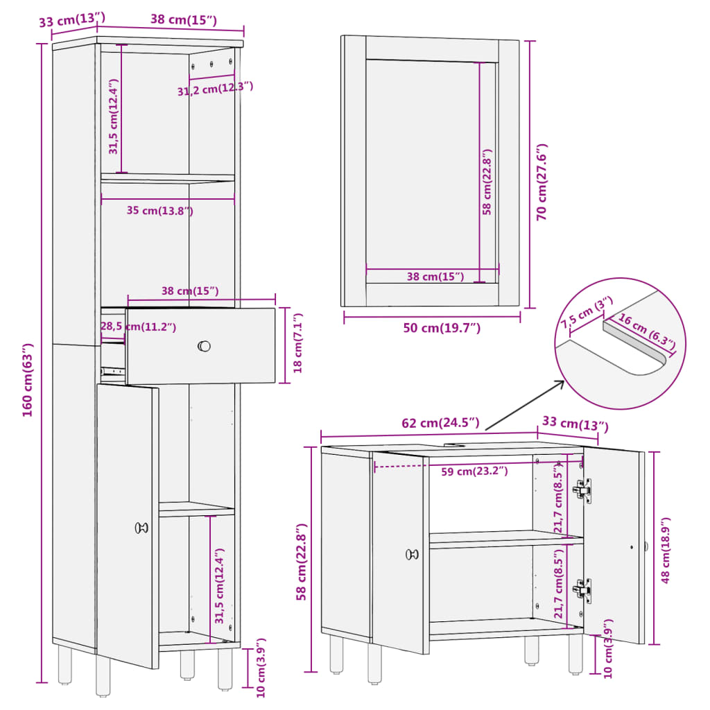 vidaXL Set Mobili da Bagno 3pz in Legno Massello di Acacia