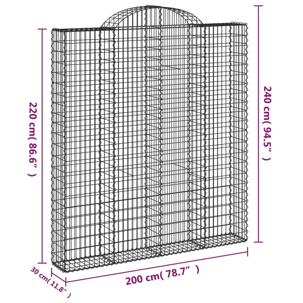 vidaXL Cesti Gabbioni ad Arco 15 pz 200x30x220/240 cm Ferro Zincato