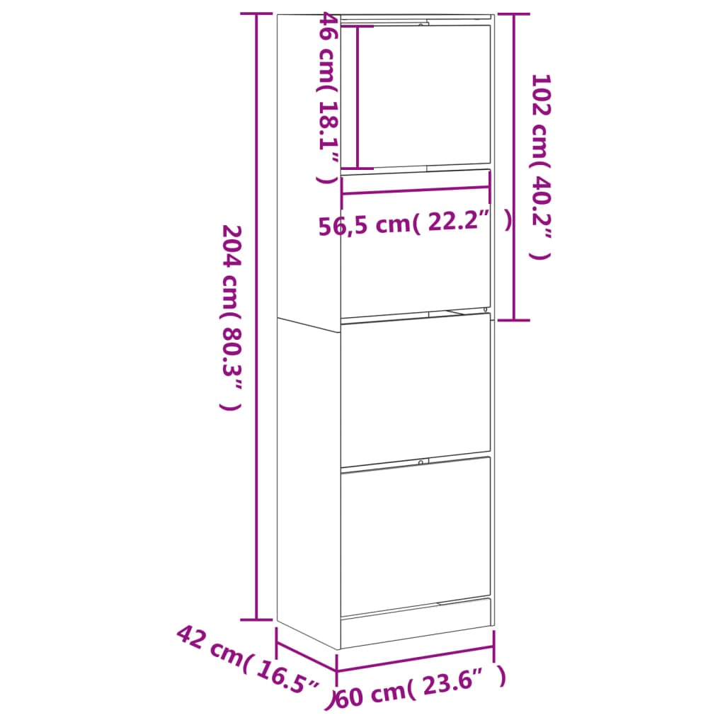 vidaXL Scarpiera 4 Cassetti Ribaltabili Grigio Cemento 60x42x204 cm