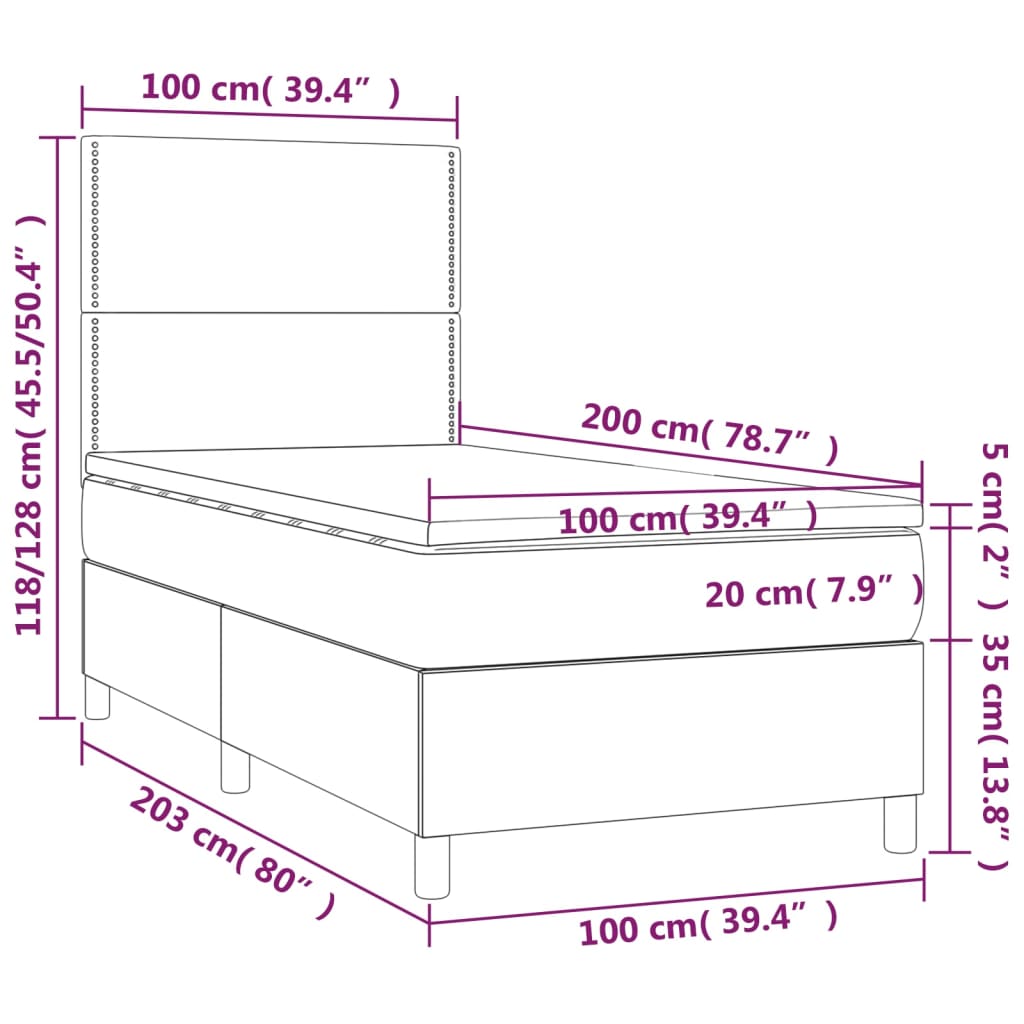 vidaXL Letto a Molle con Materasso e LED Tortora 100x200cm in Tessuto